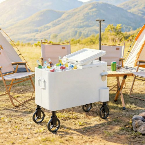 Outsunny Carrito Nevera De 56l Con Ruedas Mango Ajustable Abrebotellas Blanco