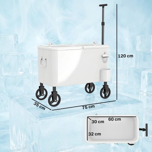 Outsunny Carrito Nevera De 56l Con Ruedas Mango Ajustable Abrebotellas Blanco