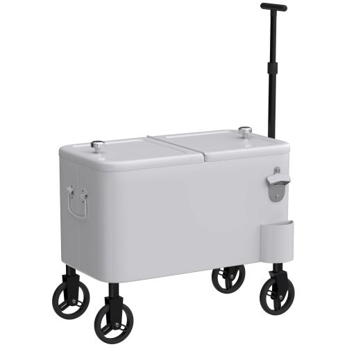 Outsunny Carrito Nevera De 56l Con Ruedas Mango Ajustable Abrebotellas Blanco