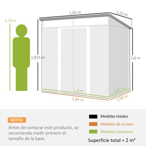 Outsunny Caseta De Jardín 2 M² 195x122x181,5 Cm Con Puerta Corredera Gris