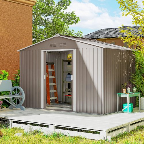 Outsunny Caseta De Jardín 4,9 M² 277x195x192 Cm Con Puerta Corredera Gris Claro