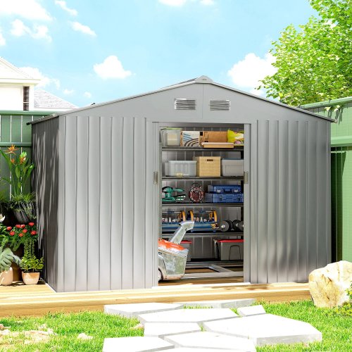 Outsunny Caseta De Jardín Exterior 4,9 M² 277x195x192 Cm Puerta Corredera Gris