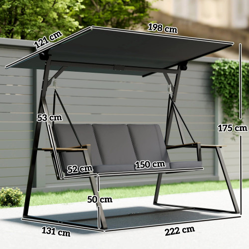 Outsunny Columpio De Jardín Exterior De 3 Plazas Con Techo Ajustable 2 Bandejas