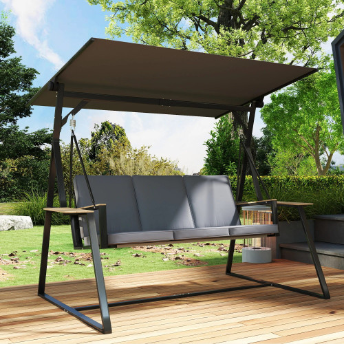 Outsunny Columpio De Jardín Exterior De 3 Plazas Con Techo Ajustable 2 Bandejas