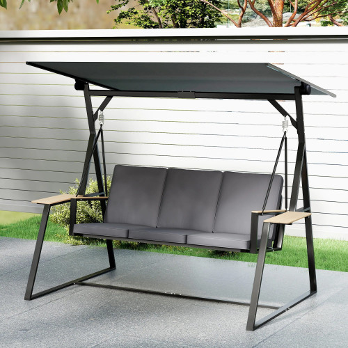 Outsunny Columpio De Jardín Exterior De 3 Plazas Con Techo Ajustable 2 Bandejas