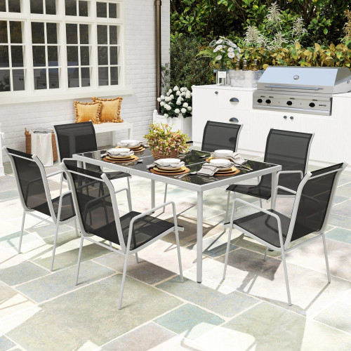 Outsunny Conjunto De Comedor De Exterior Con 1 Mesa 6 Sillas Apilables Negro