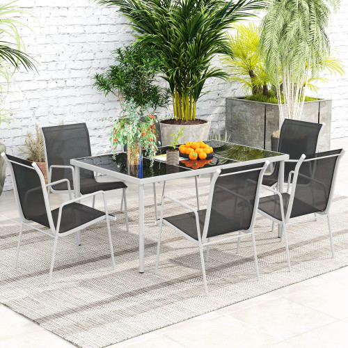 Outsunny Conjunto De Comedor De Exterior Con 1 Mesa 6 Sillas Apilables Negro