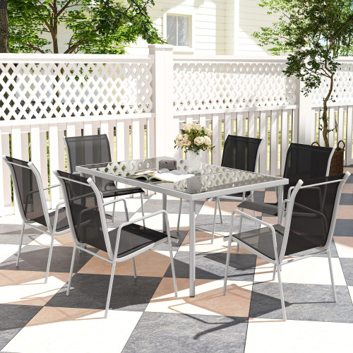 Outsunny Conjunto De Comedor De Exterior Con 1 Mesa 6 Sillas Apilables Negro