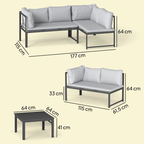 Outsunny Conjunto De Jardín Exterior De 3 Piezas En Forma De L Con Cojines Gris