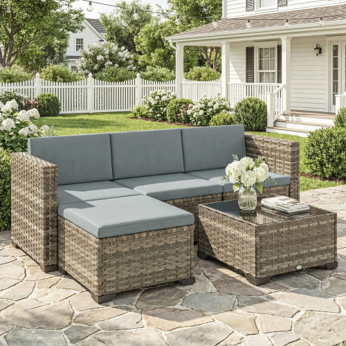 Outsunny Conjunto Muebles Jardín Exterior De Ratán 5 Piezas Cojines Gris Claro