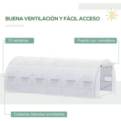 Outsunny Invernadero de Jardín de Túnel 6x3x2 m con Puerta y 12 Ventanas Enrollables de Polietileno 140 g/m² y Acero Galvanizado