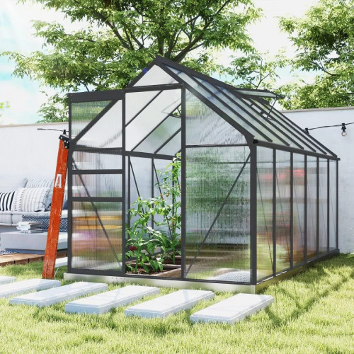 Outsunny Invernadero de jardín en policarbonato y aleación de aluminio con base, Invernadero con ventana regulable y puerta corredera 190x375x199cm