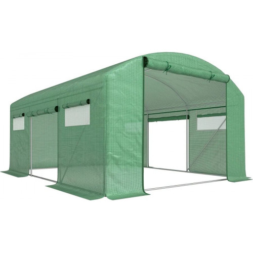 Outsunny Invernadero de Túnel 4x3x2 m con 6 Ventanas 3 Puertas Enrollables Cubierta de PE y Estructura de Acero Galvanizado