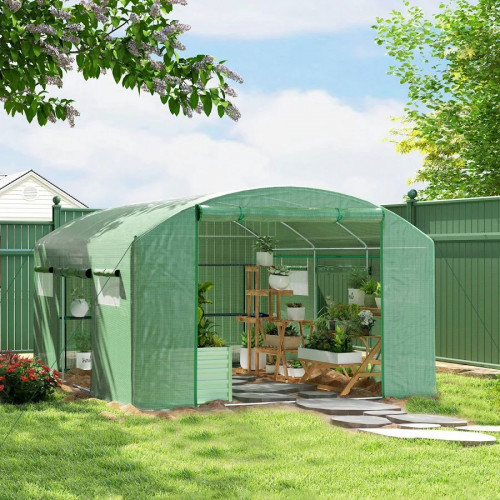Outsunny Invernadero de Túnel 4x3x2 m con 6 Ventanas 3 Puertas Enrollables Cubierta de PE y Estructura de Acero Galvanizado