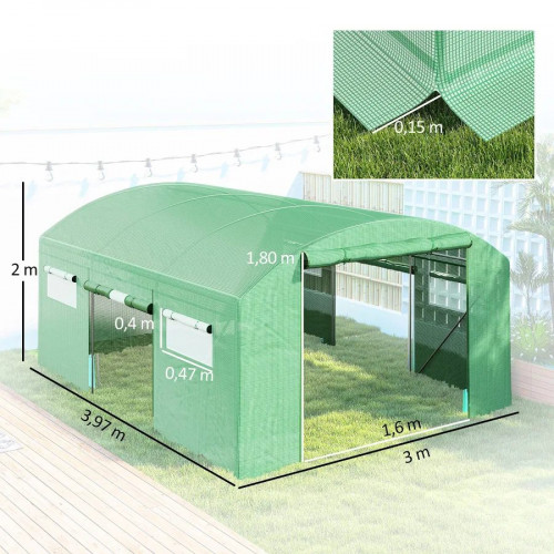 Outsunny Invernadero de Túnel 4x3x2 m con 6 Ventanas 3 Puertas Enrollables Cubierta de PE y Estructura de Acero Galvanizado