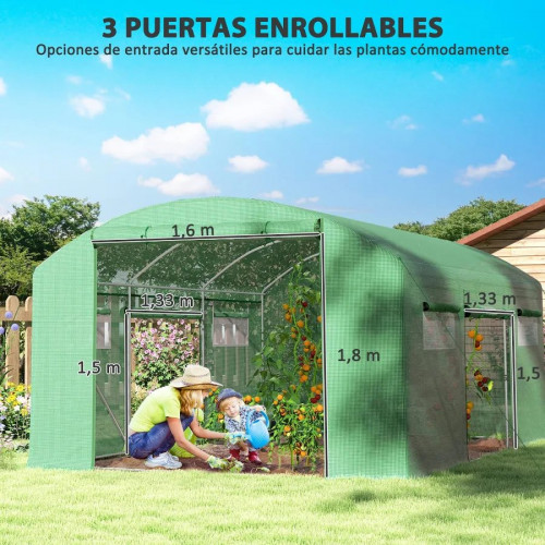 Outsunny Invernadero de Túnel 4x3x2 m con 6 Ventanas 3 Puertas Enrollables Cubierta de PE y Estructura de Acero Galvanizado