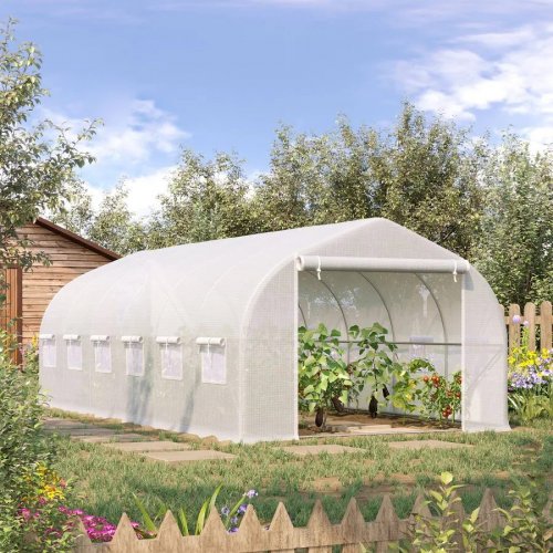Outsunny Invernadero de Túnel 595x300x200 cm Invernadero de Jardín Grande con 12 Ventanas y Puerta Enrollable