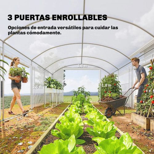 Outsunny Invernadero de Túnel 6x3x2 m con 3 Puertas Enrollables 6 Ventanas de Malla y Estructura de Acero Galvanizado