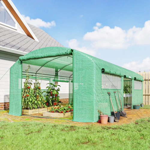 Outsunny Invernadero De Túnel 6x3x2 M Con 3 Puertas Enrollables Y Ventanas Verde