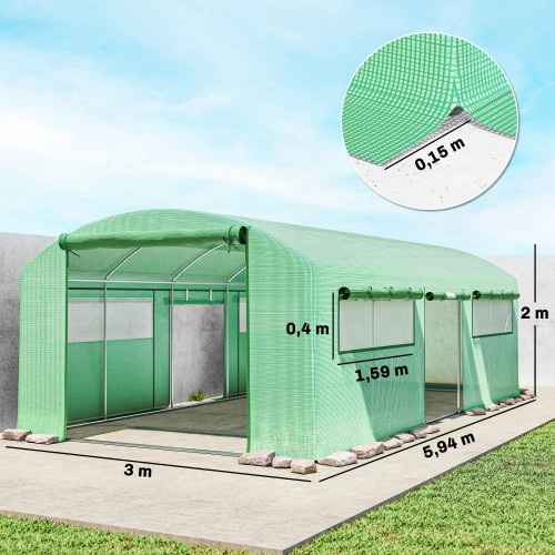 Outsunny Invernadero De Túnel 6x3x2 M Con 3 Puertas Enrollables Y Ventanas Verde