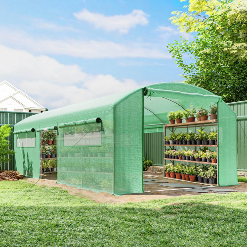 Outsunny Invernadero De Túnel 6x3x2 M Con 3 Puertas Enrollables Y Ventanas Verde