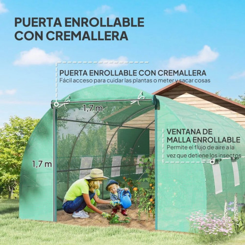 Outsunny Invernadero de Túnel verde con Puerta Enrollable para Cultivos