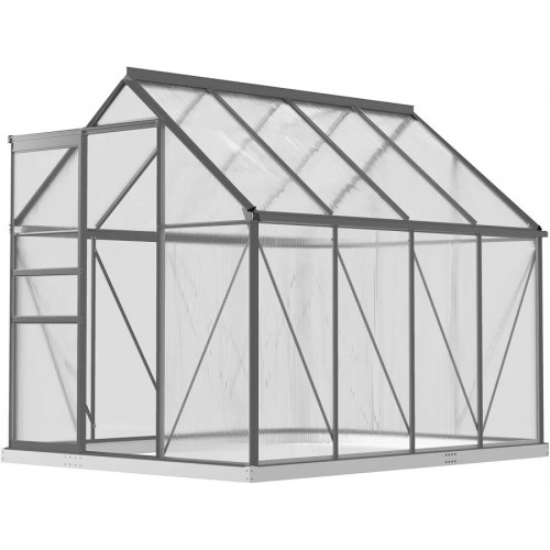 Outsunny Invernadero Jardín Policarbonato Aluminio Caseta de Exterior con Puerta Corredera y Tragaluce 190x253x199 cm Transparente