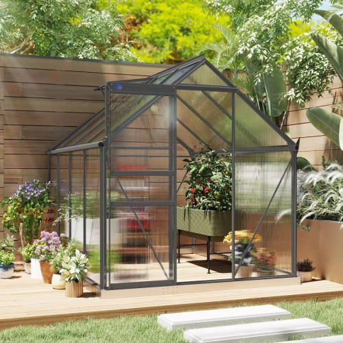 Outsunny Invernadero Jardín Policarbonato Aluminio Caseta de Exterior con Puerta Corredera y Tragaluce 190x253x199 cm Transparente