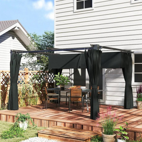 Outsunny Pérgola con Techo Retráctil 4x3 m Cenador con Paredes