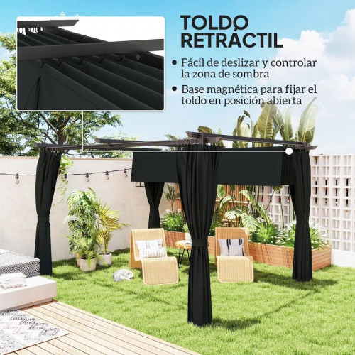Outsunny Pérgola con Techo Retráctil 4x3 m Cenador con Paredes