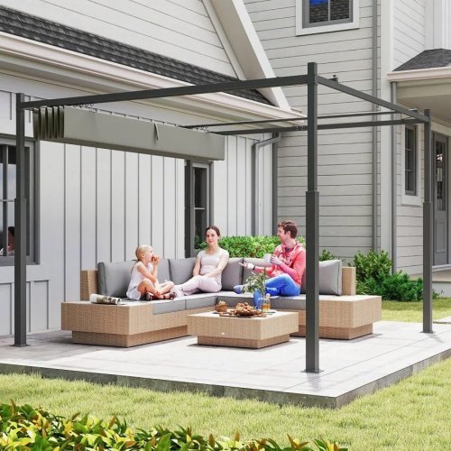 Outsunny Pérgola de Jardín 3x3 m con Techo Retráctil y Accesorio Magnético Protección UV30+ Columnas Metálicas y Ganchos