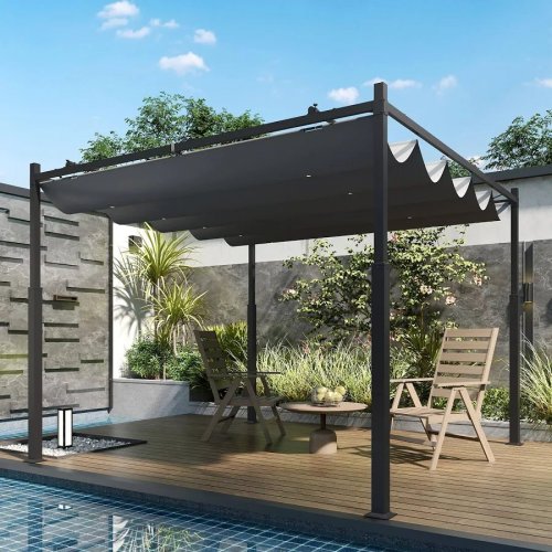 Outsunny Pérgola de Jardín 3x3 m con Techo Retráctil y Accesorio Magnético Protección UV30+ Columnas Metálicas y Ganchos