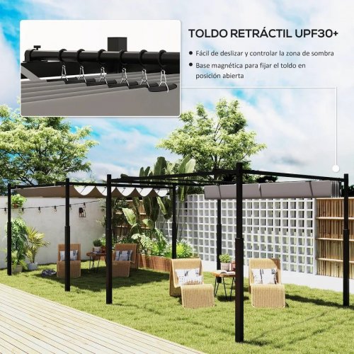 Outsunny Pérgola de Jardín 3x3 m con Techo Retráctil y Accesorio Magnético Protección UV30+ Columnas Metálicas y Ganchos