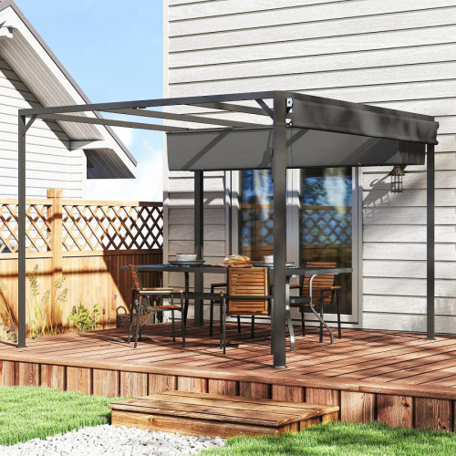 Outsunny Pérgola de Jardín 3x3 m con Techo Retráctil y Lateral Enrollable Gris