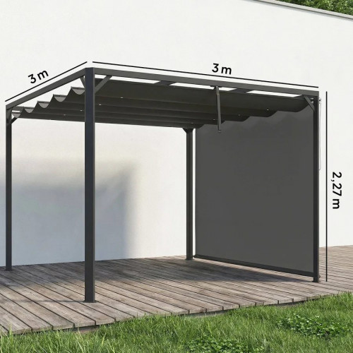 Outsunny Pérgola de Jardín 3x3 m con Techo Retráctil y Lateral Enrollable Gris