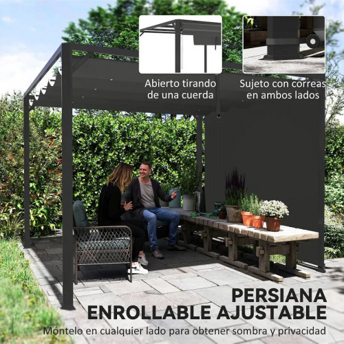 Outsunny Pérgola de Jardín 3x3 m con Techo Retráctil y Lateral Enrollable Gris