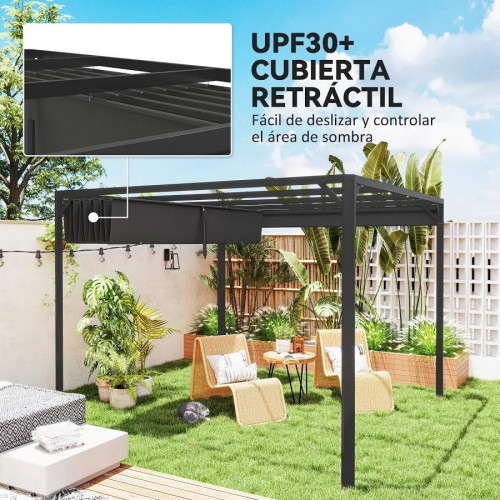 Outsunny Pérgola de Jardín 3x3 m con Techo Retráctil y Lateral Enrollable Gris