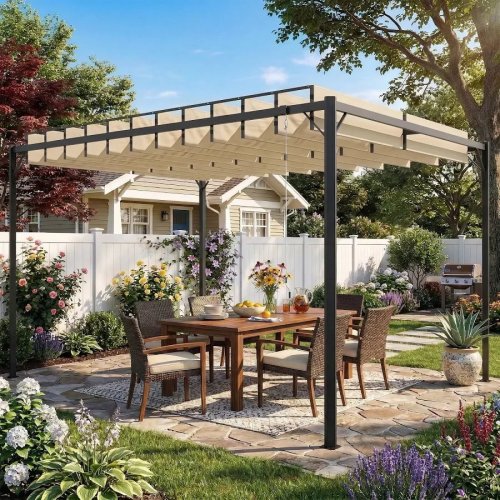 Outsunny Pérgola de Jardín 3x4 m con Protección UPF 50+ Gazebo con Techo Ajustable Estructura de Metal para Exterior