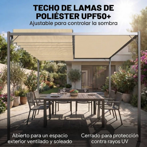 Outsunny Pérgola de Jardín 3x4 m con Protección UPF 50+ Gazebo con Techo Ajustable Estructura de Metal para Exterior