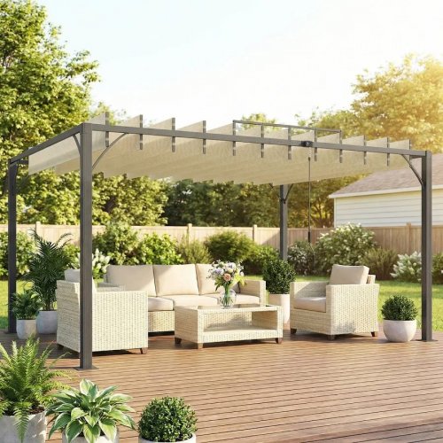 Outsunny Pérgola de Jardín 3x4 m con Protección UPF30+ Gazebo con Techo Ajustable Estructura de Aluminio para Exterior