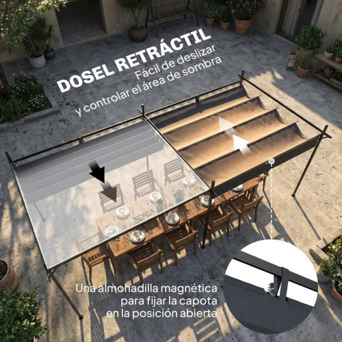 Outsunny Pérgola de Jardín 6x3 m con Techo Retráctil Upf30+ Gris Oscuro