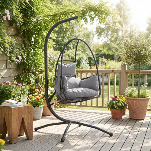 Outsunny Silla Colgante Con Soporte Cesta Plegable Reposacabezas Gris Oscuro