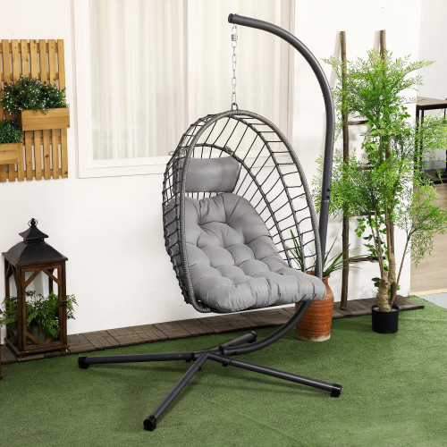 Outsunny Silla Colgante De Ratán Con Cojín Reposacabezas Gris Oscuro