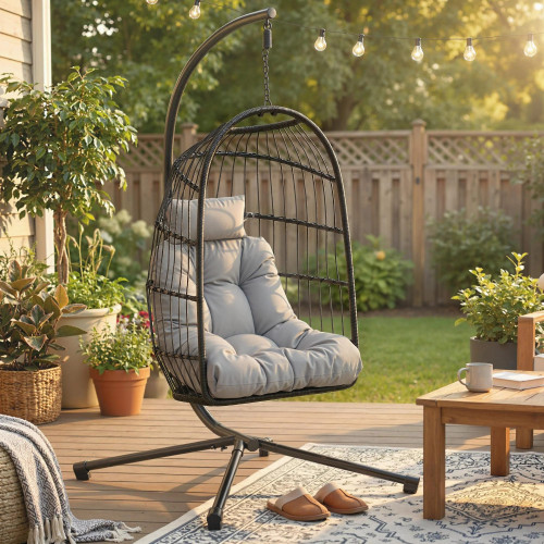 Outsunny Silla Colgante Huevo Con Soporte Cesta Plegable Cojín Altura Ajustable