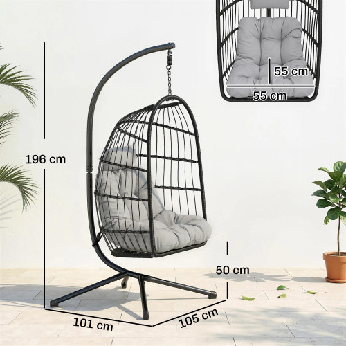Outsunny Silla Colgante Huevo Con Soporte Cesta Plegable Cojín Altura Ajustable