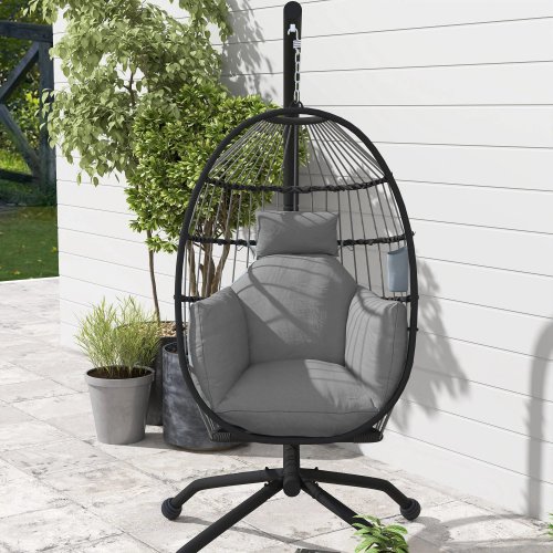 Outsunny Silla Colgante Huevo Con Soporte Cesta Plegable Cojín Carga 120kg Gris