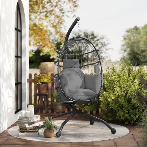 Outsunny Silla Colgante Huevo Con Soporte Cesta Plegable Cojín Carga 120kg Gris