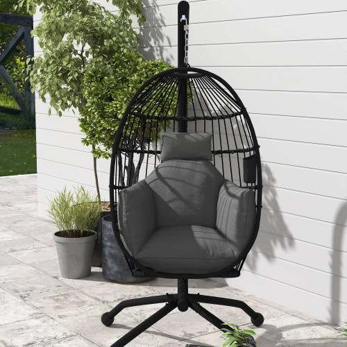 Outsunny Silla Colgante Huevo Con Soporte Cesta Plegable Cojín Carga 120kg Negro