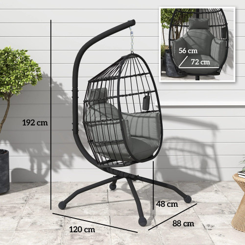 Outsunny Silla Colgante Huevo Con Soporte Cesta Plegable Cojín Carga 120kg Negro