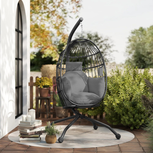 Outsunny Silla Colgante Huevo Con Soporte Cesta Plegable Cojín Carga 120kg Negro